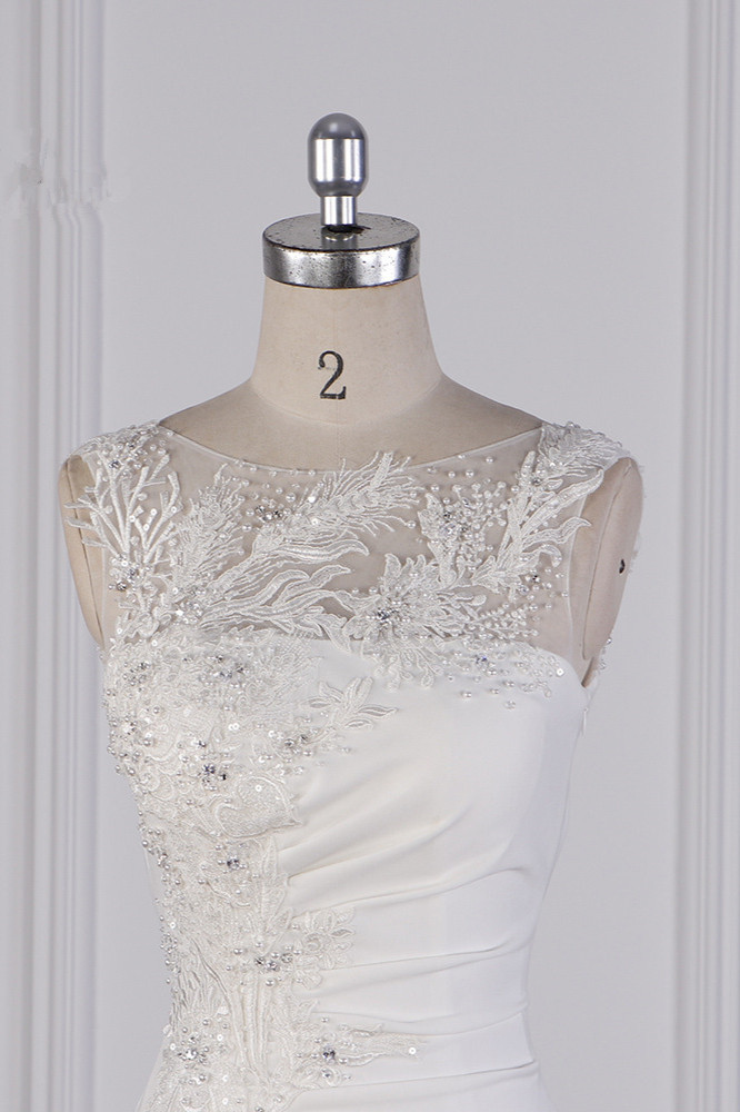 BMbridal Gorgeous Jewel Mermaid Satin Wedding Dress Sleeveless Ruffles Appliques Beadings Bridal Gowns Online-BMbridal