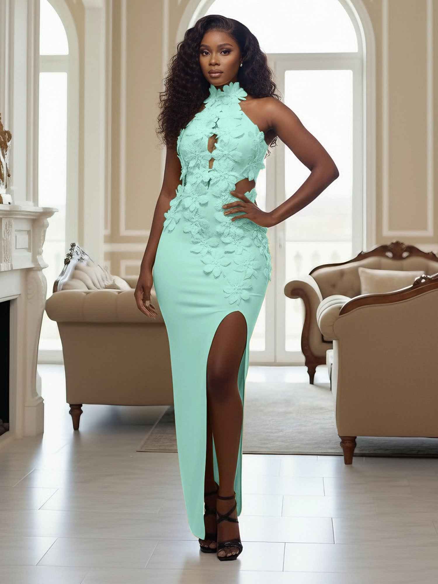 Yellow Halter Neck 3D Flower Mermaid Long Prom Dress with Slit