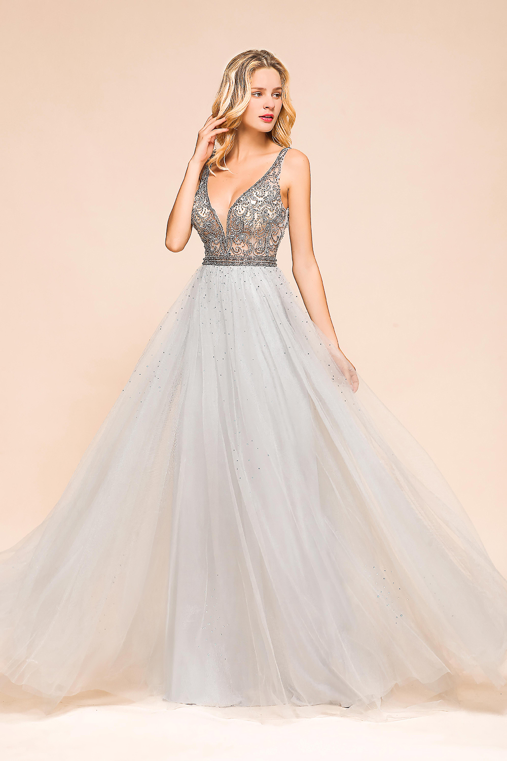 BMbridal Charming V-Neck Tulle Long Prom Dress With Crystals On Sale