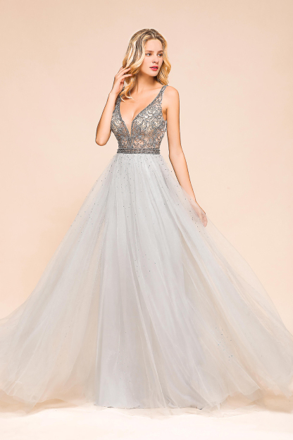 BMbridal Charming V-Neck Tulle Long Prom Dress With Crystals On Sale