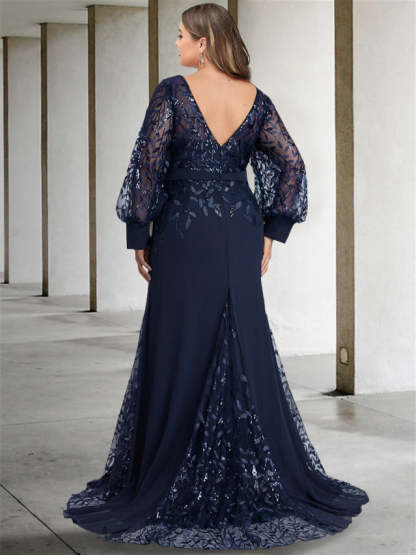 Plus Size Floor-Length Mermaid/Trumpet Mother of the Bride Dress with Scoop Neck and Long Sequined Sleeves-BMbridal