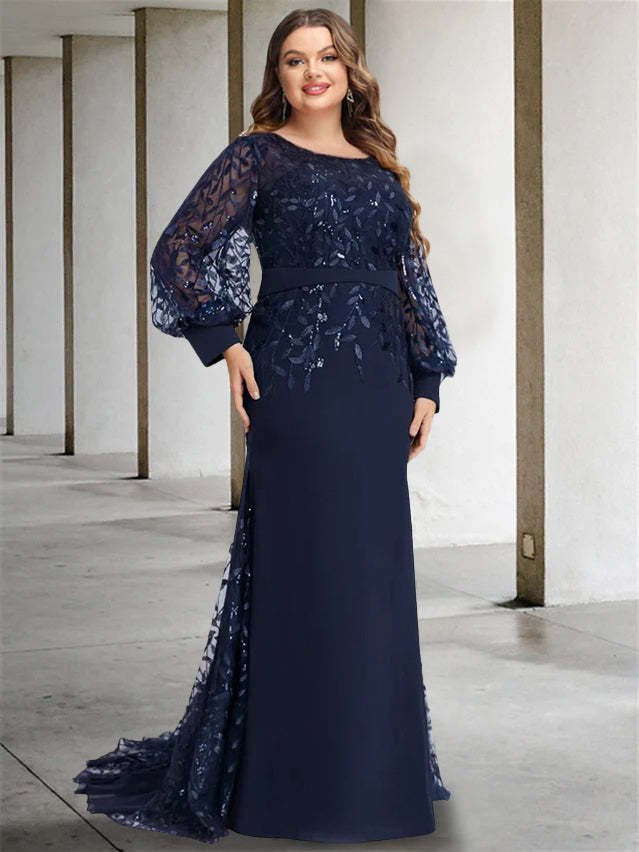 Plus Size Floor-Length Mermaid/Trumpet Mother of the Bride Dress with Scoop Neck and Long Sequined Sleeves-BMbridal