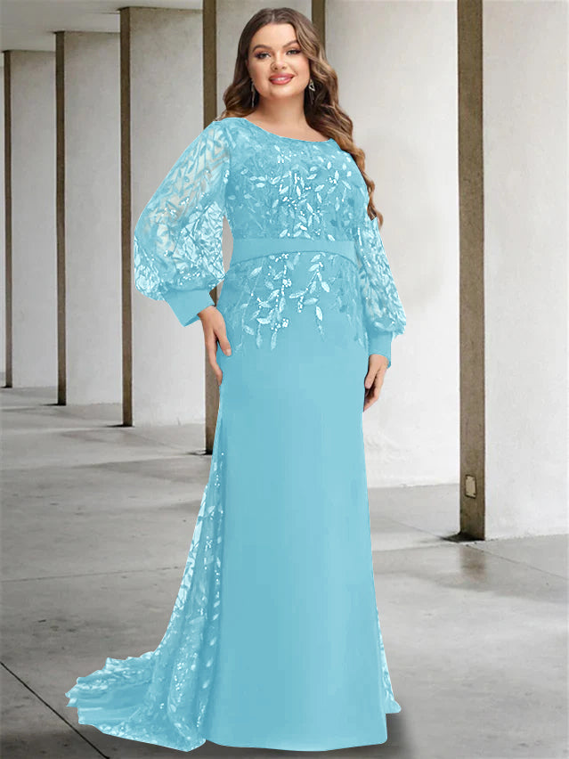 Plus Size Floor-Length Mermaid/Trumpet Mother of the Bride Dress with Scoop Neck and Long Sequined Sleeves-BMbridal