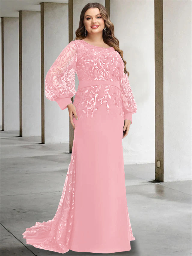 Plus Size Floor-Length Mermaid/Trumpet Mother of the Bride Dress with Scoop Neck and Long Sequined Sleeves-BMbridal