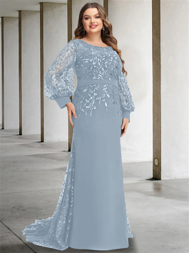 Plus Size Floor-Length Mermaid/Trumpet Mother of the Bride Dress with Scoop Neck and Long Sequined Sleeves-BMbridal