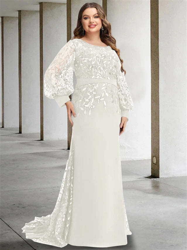Plus Size Floor-Length Mermaid/Trumpet Mother of the Bride Dress with Scoop Neck and Long Sequined Sleeves-BMbridal
