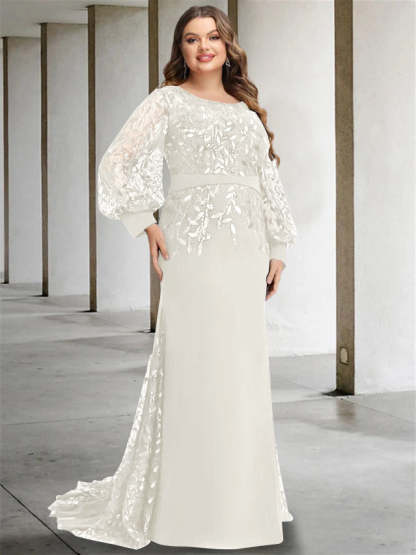 Plus Size Floor-Length Mermaid/Trumpet Mother of the Bride Dress with Scoop Neck and Long Sequined Sleeves-BMbridal