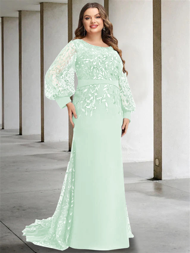 Plus Size Floor-Length Mermaid/Trumpet Mother of the Bride Dress with Scoop Neck and Long Sequined Sleeves-BMbridal