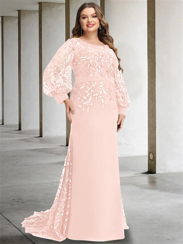 Plus Size Floor-Length Mermaid/Trumpet Mother of the Bride Dress with Scoop Neck and Long Sequined Sleeves-BMbridal