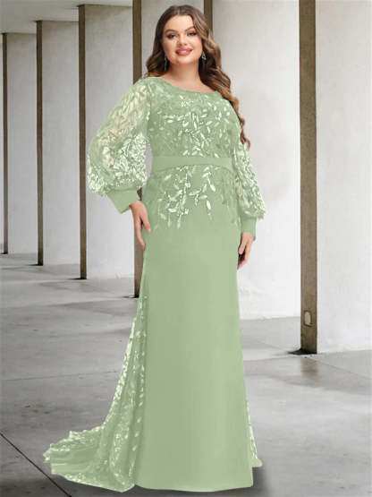 Plus Size Floor-Length Mermaid/Trumpet Mother of the Bride Dress with Scoop Neck and Long Sequined Sleeves-BMbridal