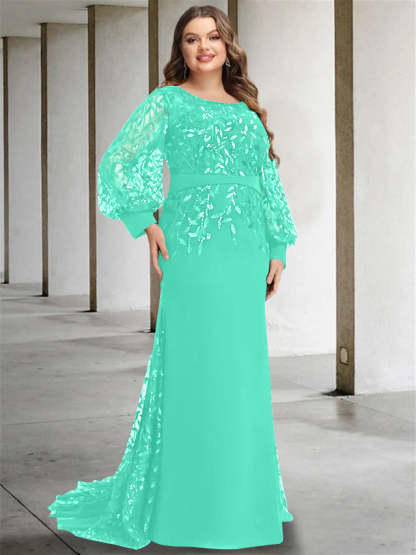 Plus Size Floor-Length Mermaid/Trumpet Mother of the Bride Dress with Scoop Neck and Long Sequined Sleeves-BMbridal