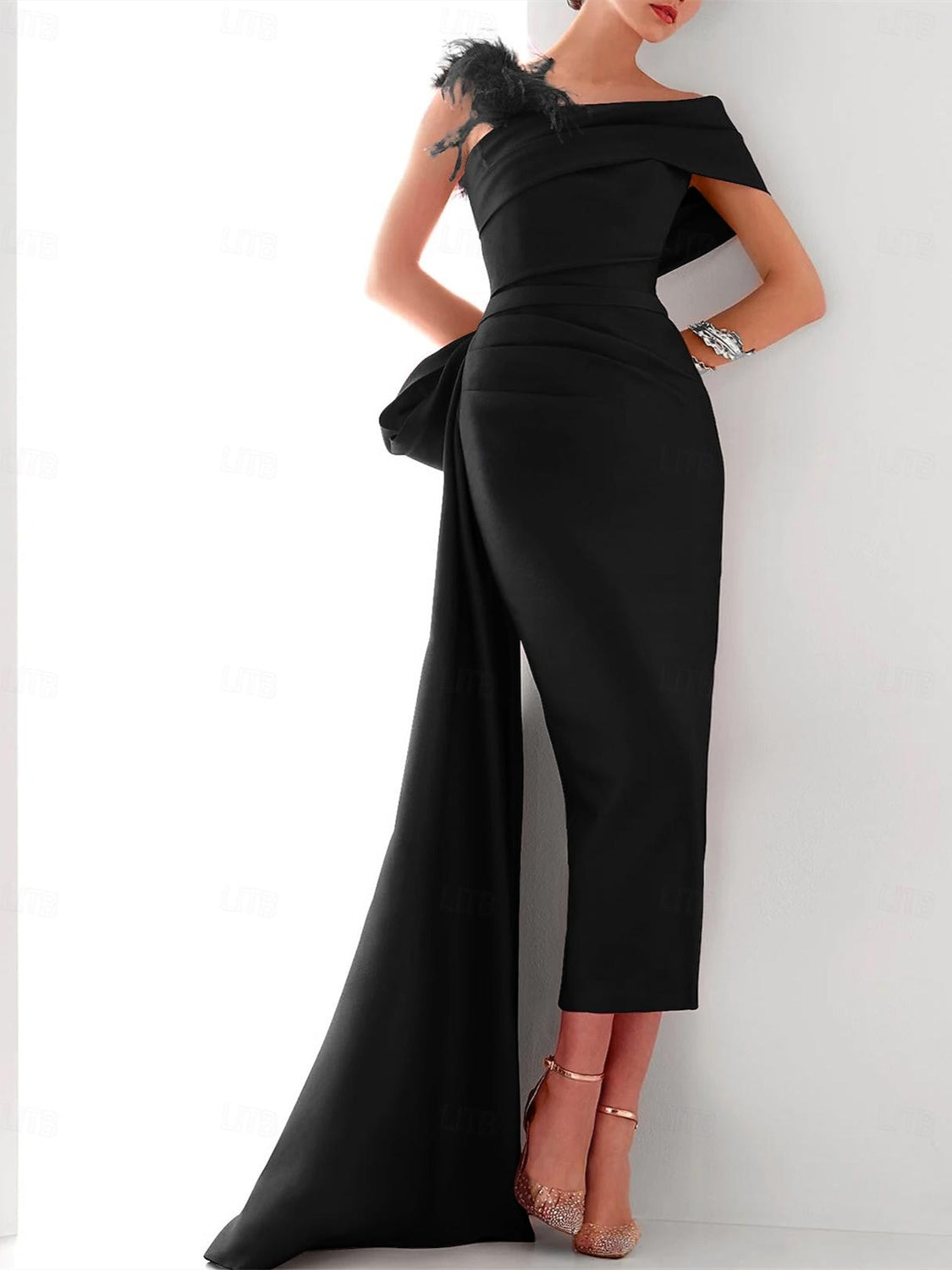Elegant Satin Formal Gown with Feather Bow(s) - One Shoulder Sleeveless Sheath/Column and Sweep/Brush Train-BMbridal