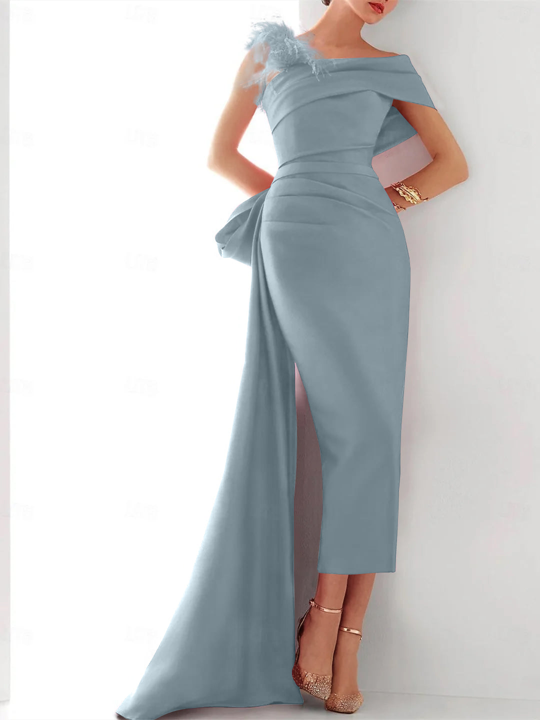 Elegant Satin Formal Gown with Feather Bow(s) - One Shoulder Sleeveless Sheath/Column and Sweep/Brush Train-BMbridal