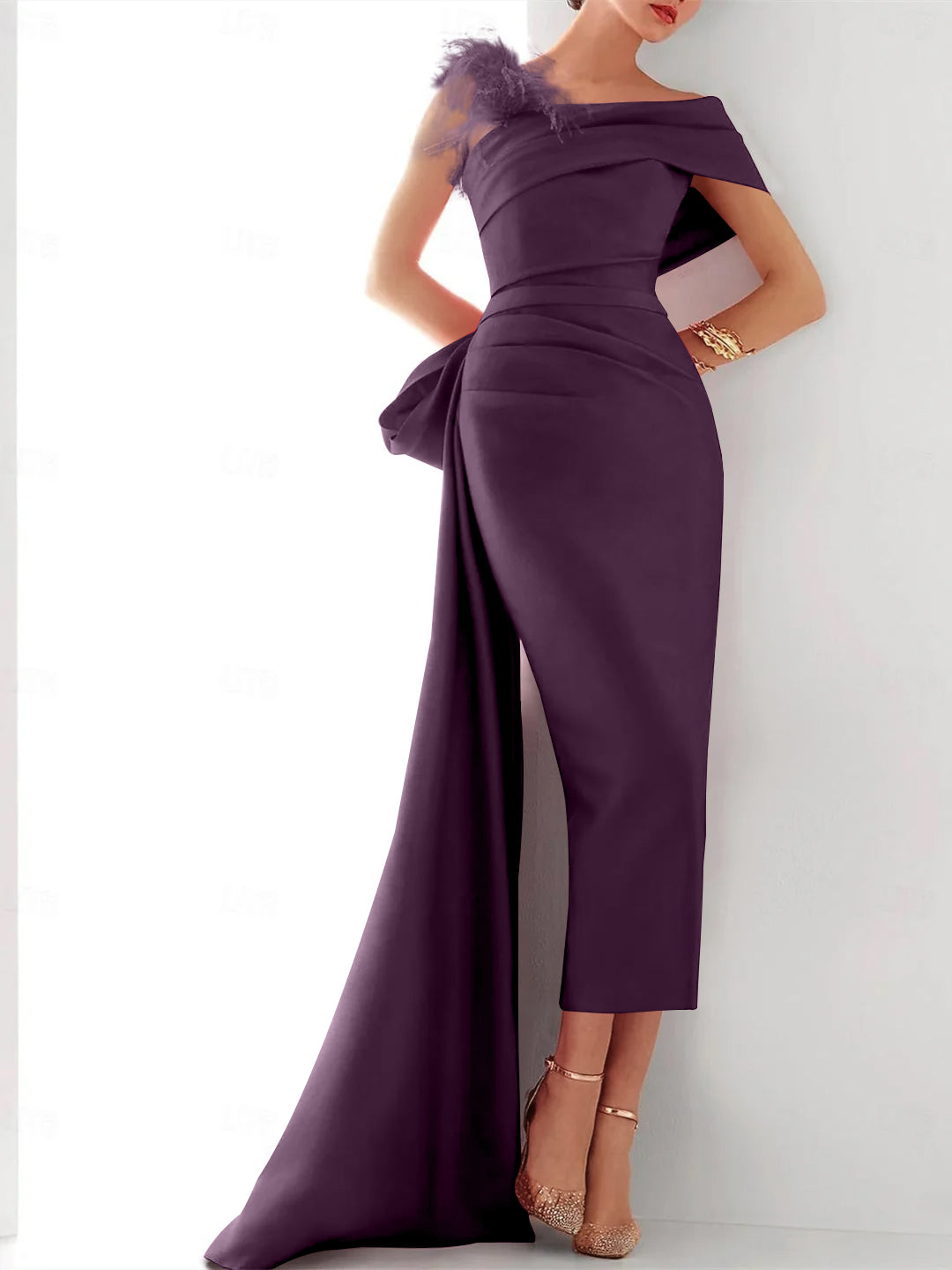 Elegant Satin Formal Gown with Feather Bow(s) - One Shoulder Sleeveless Sheath/Column and Sweep/Brush Train-BMbridal