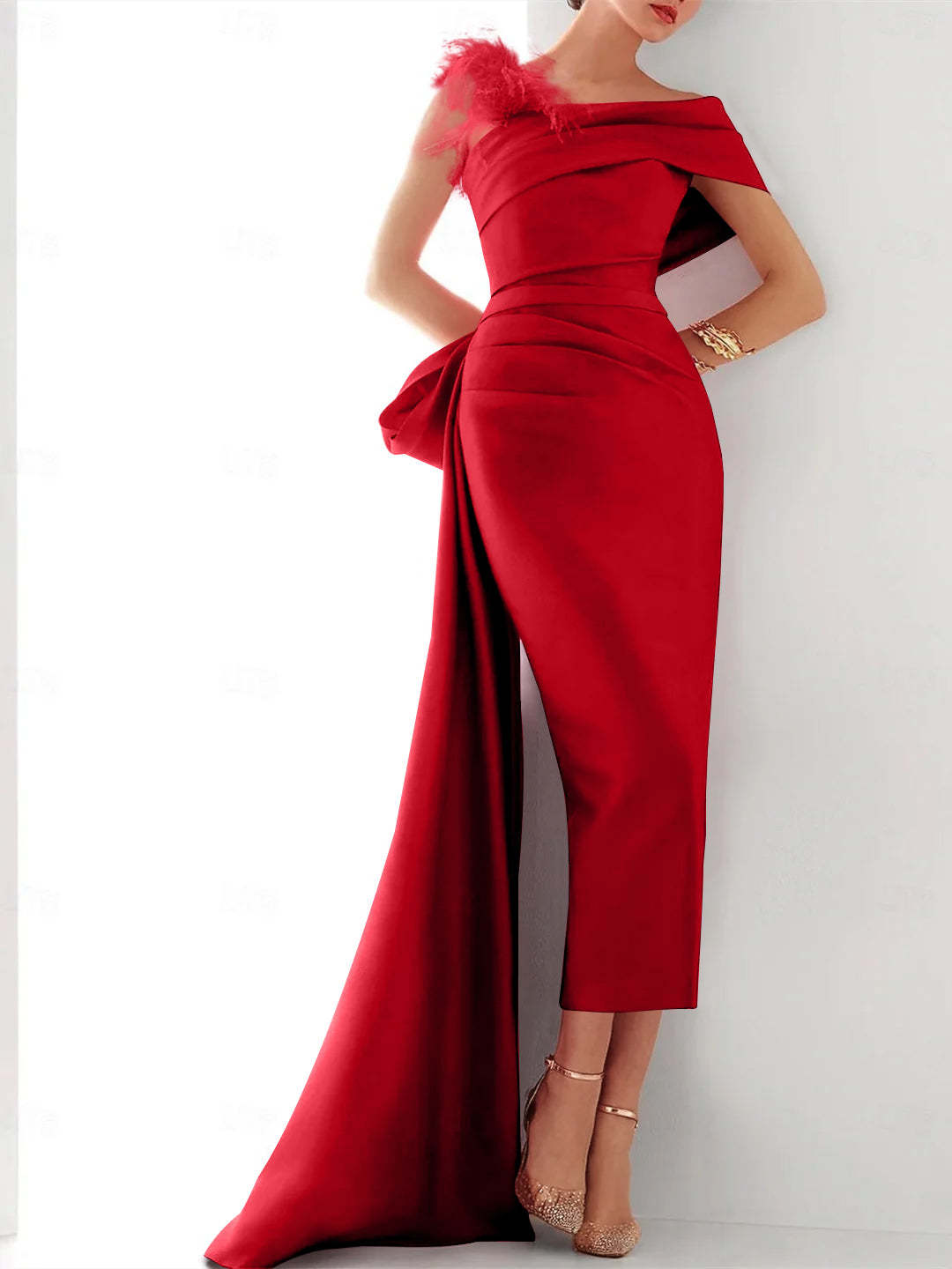 Elegant Satin Formal Gown with Feather Bow(s) - One Shoulder Sleeveless Sheath/Column and Sweep/Brush Train-BMbridal