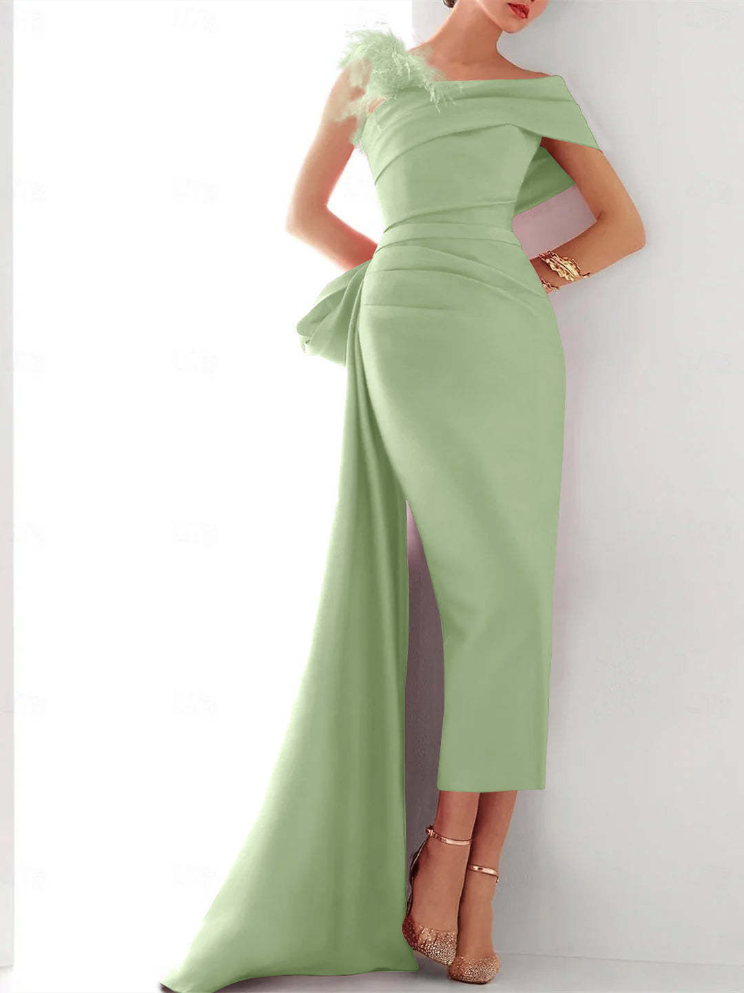 Elegant Satin Formal Gown with Feather Bow(s) - One Shoulder Sleeveless Sheath/Column and Sweep/Brush Train-BMbridal