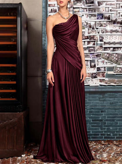 One Shoulder Sleeveless Floor Length Mother of the Bride Dress with Crystal Pleats and Draping-BMbridal