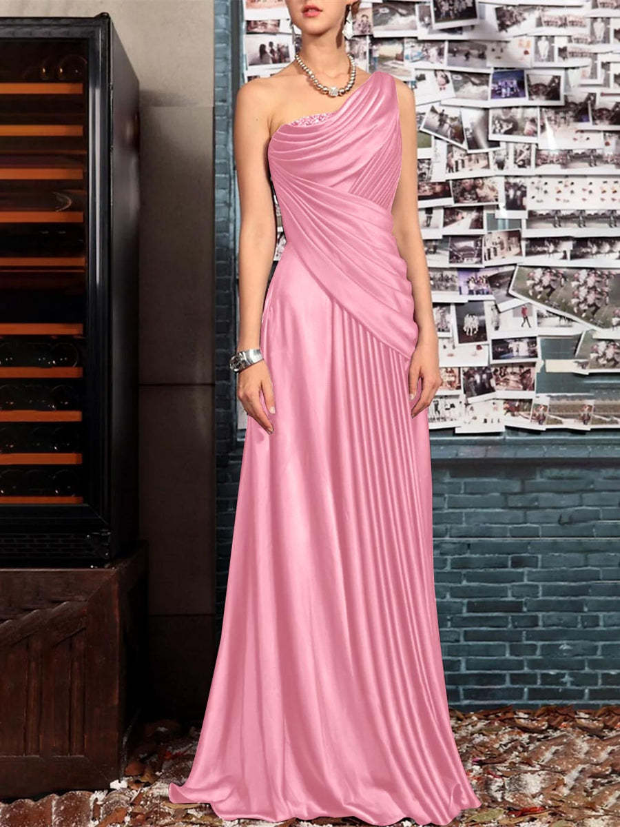 One Shoulder Sleeveless Floor Length Mother of the Bride Dress with Crystal Pleats and Draping-BMbridal