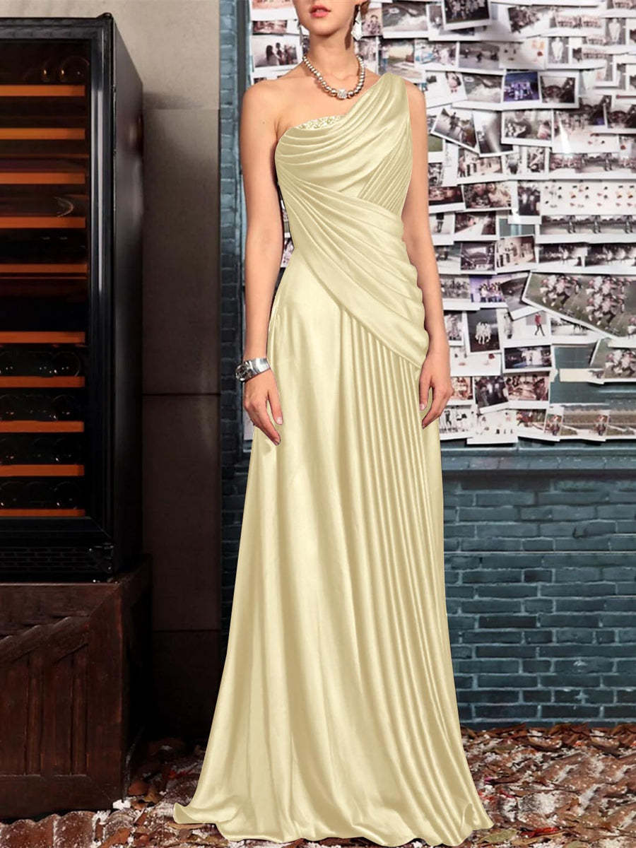 One Shoulder Sleeveless Floor Length Mother of the Bride Dress with Crystal Pleats and Draping-BMbridal