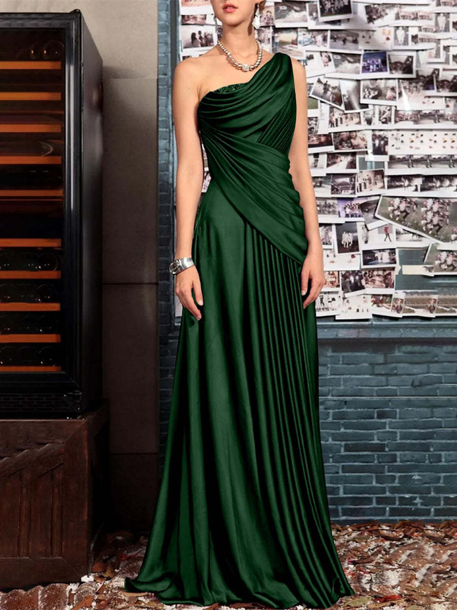 One Shoulder Sleeveless Floor Length Mother of the Bride Dress with Crystal Pleats and Draping-BMbridal