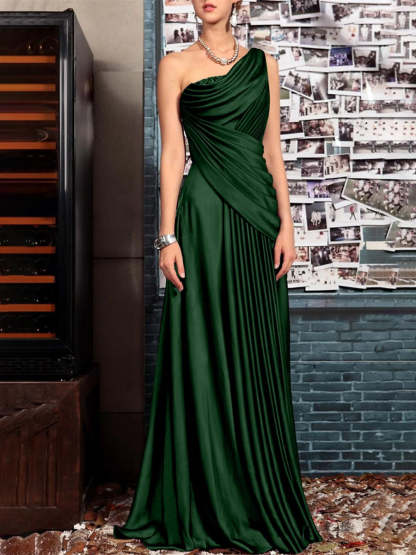 One Shoulder Sleeveless Floor Length Mother of the Bride Dress with Crystal Pleats and Draping-BMbridal