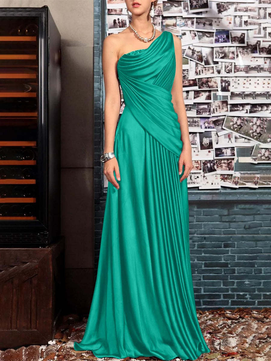 One Shoulder Sleeveless Floor Length Mother of the Bride Dress with Crystal Pleats and Draping-BMbridal
