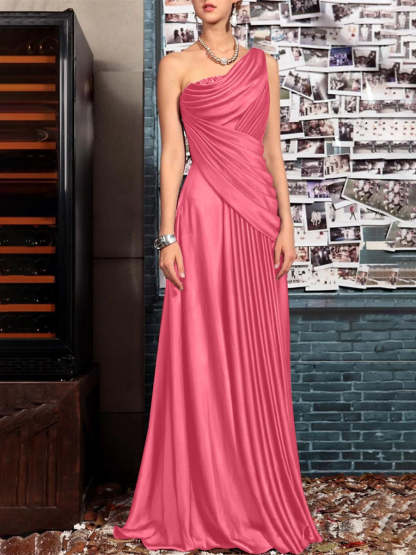 One Shoulder Sleeveless Floor Length Mother of the Bride Dress with Crystal Pleats and Draping-BMbridal