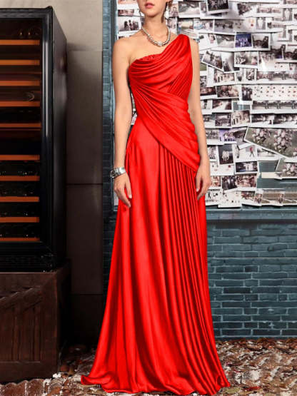 One Shoulder Sleeveless Floor Length Mother of the Bride Dress with Crystal Pleats and Draping-BMbridal