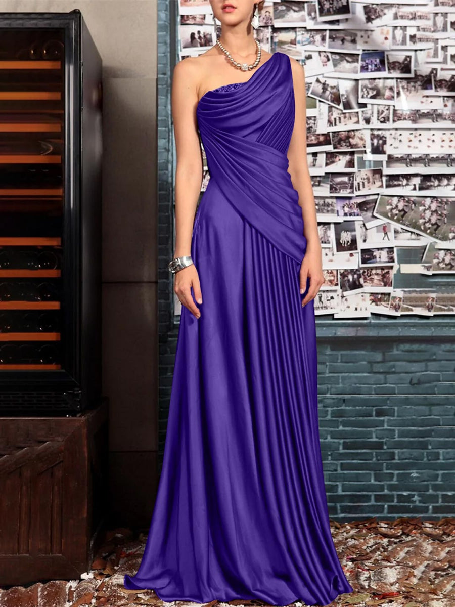 One Shoulder Sleeveless Floor Length Mother of the Bride Dress with Crystal Pleats and Draping-BMbridal