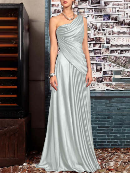 One Shoulder Sleeveless Floor Length Mother of the Bride Dress with Crystal Pleats and Draping-BMbridal