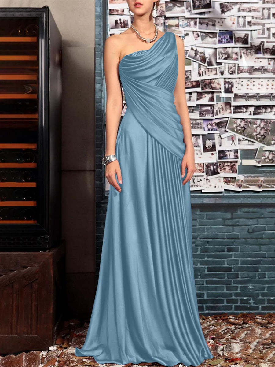 One Shoulder Sleeveless Floor Length Mother of the Bride Dress with Crystal Pleats and Draping-BMbridal