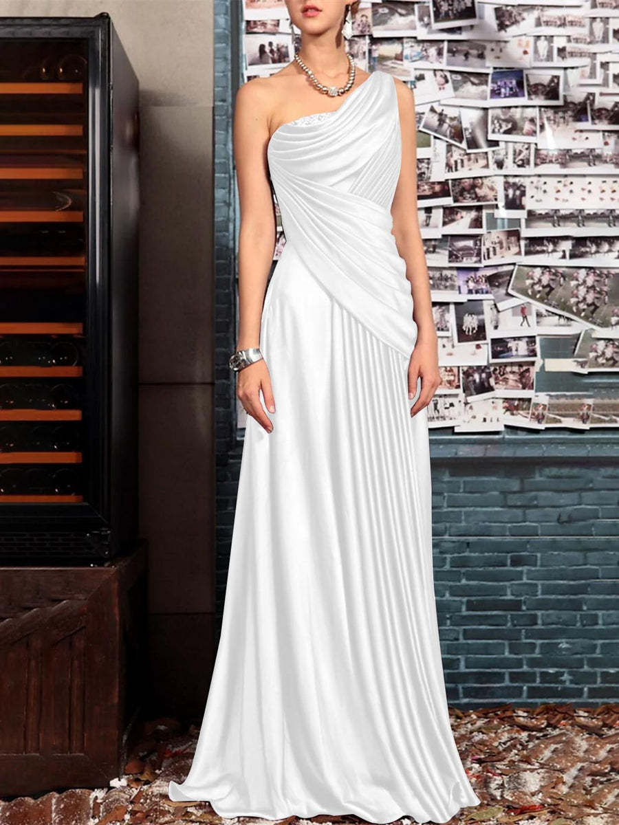 One Shoulder Sleeveless Floor Length Mother of the Bride Dress with Crystal Pleats and Draping-BMbridal