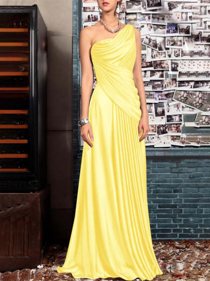 One Shoulder Sleeveless Floor Length Mother of the Bride Dress with Crystal Pleats and Draping-BMbridal