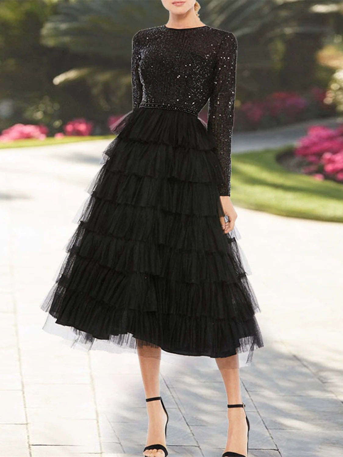 Sequin-Tiered Tea-Length A-Line Dress with Jewel Neckline and Long Sleeves for the Mother of the Bride-BMbridal