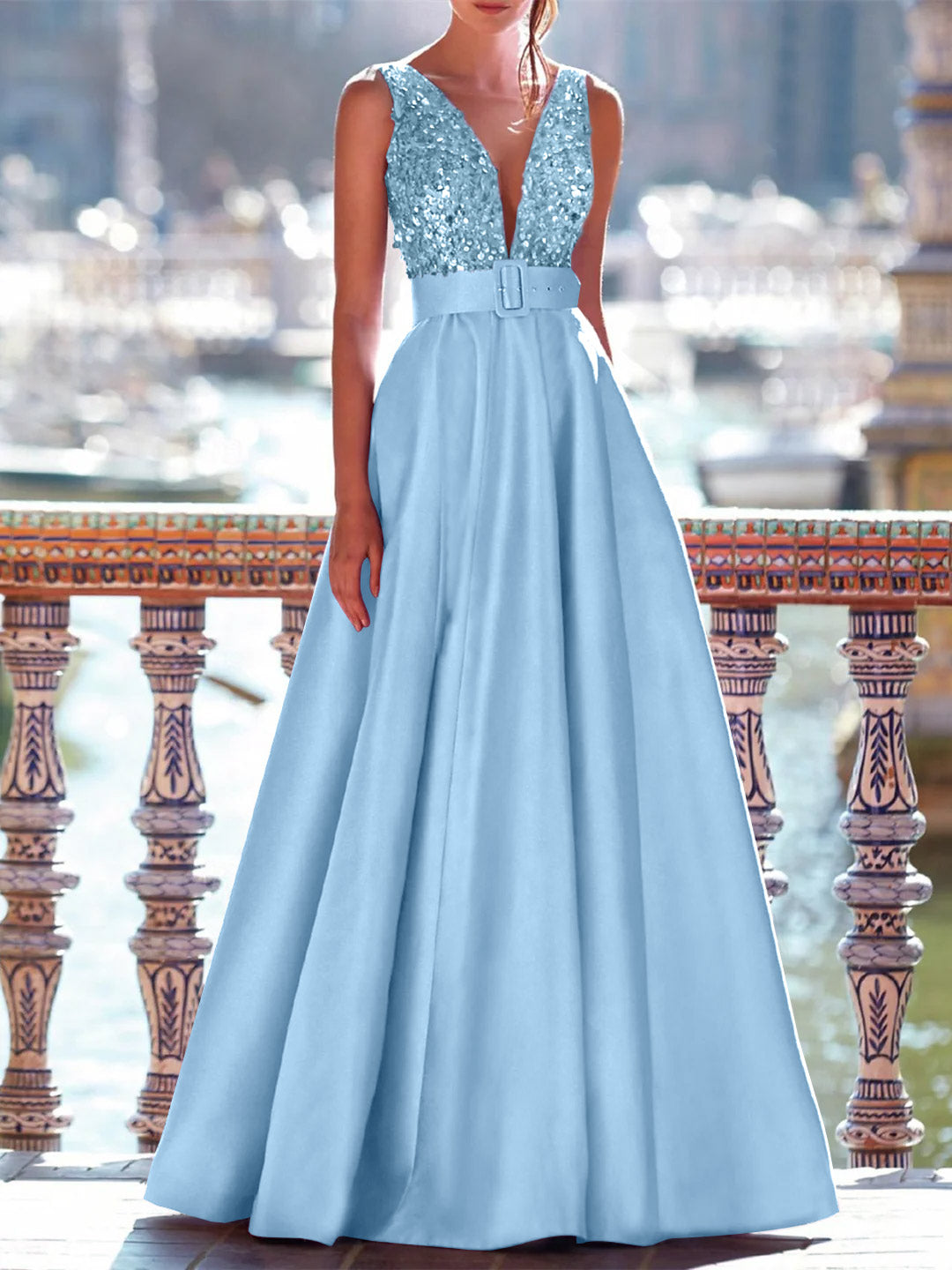 Sleeveless V-Neck A-Line Prom Dress with Pockets in Floor-Length Satin and Pearls-BMbridal