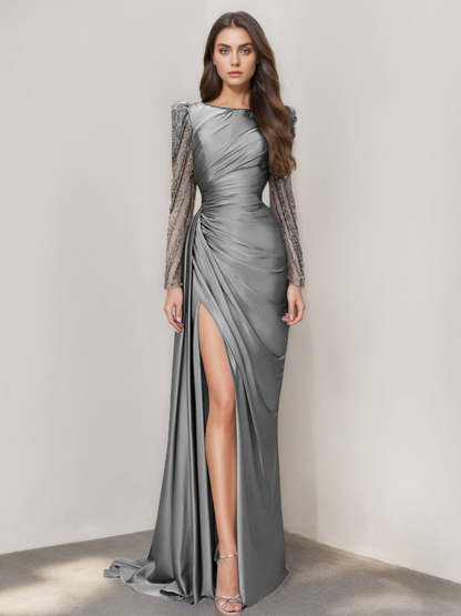 Long Sleeve Satin Prom Dress with Mermaid Train Jewel Neck and Ruched Slit-BMbridal