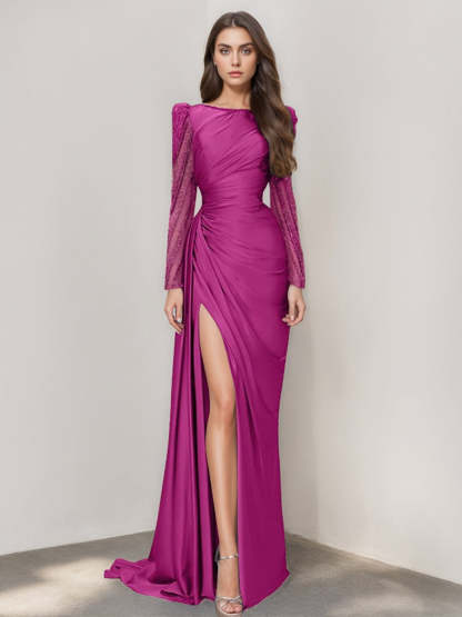 Long Sleeve Satin Prom Dress with Mermaid Train Jewel Neck and Ruched Slit-BMbridal