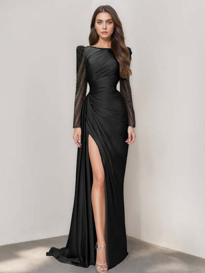 Long Sleeve Satin Prom Dress with Mermaid Train Jewel Neck and Ruched Slit-BMbridal