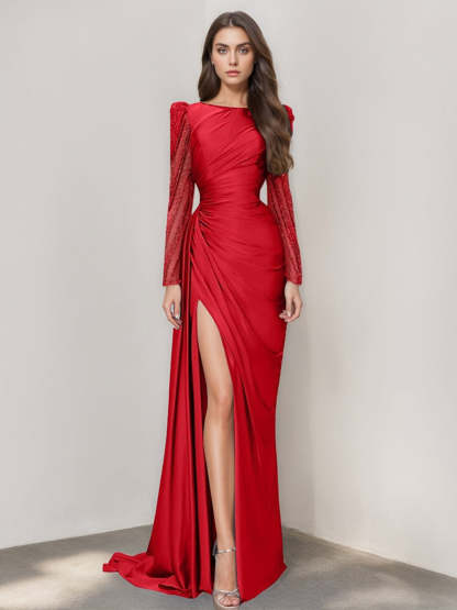 Long Sleeve Satin Prom Dress with Mermaid Train Jewel Neck and Ruched Slit-BMbridal