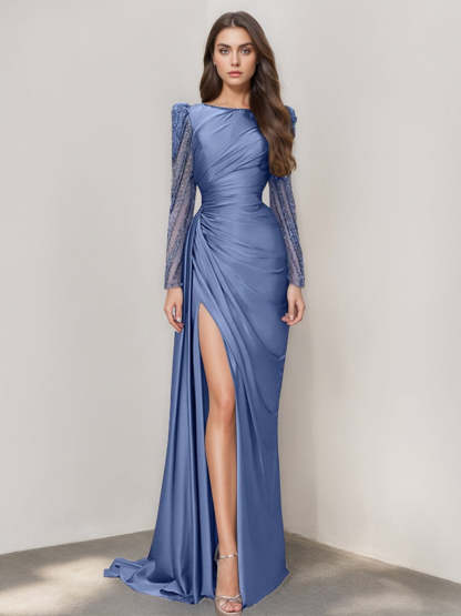 Long Sleeve Satin Prom Dress with Mermaid Train Jewel Neck and Ruched Slit-BMbridal