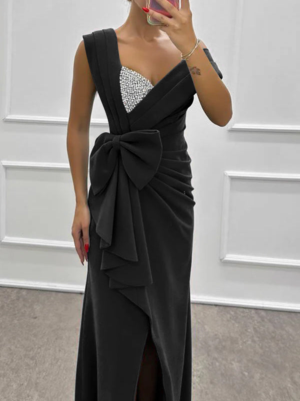 Sleeveless Satin Mother of the Bride Dress with Elastic Bow(s) and Sheath/Column Silhouette-BMbridal