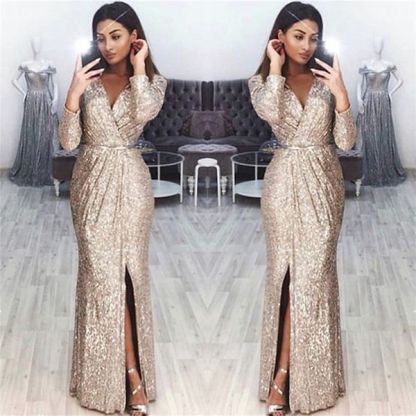 Bmbridal Long Sleeves Sequins Prom Dress Long With Split