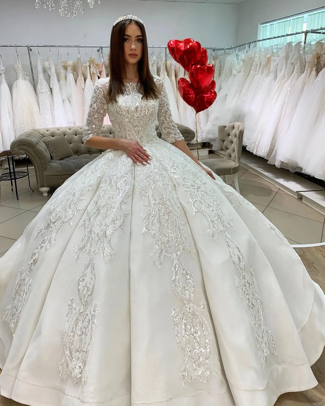 Classy Floor-Length Satin Princess Bateau Wedding Dress Long Sleeves with Appliques Lace