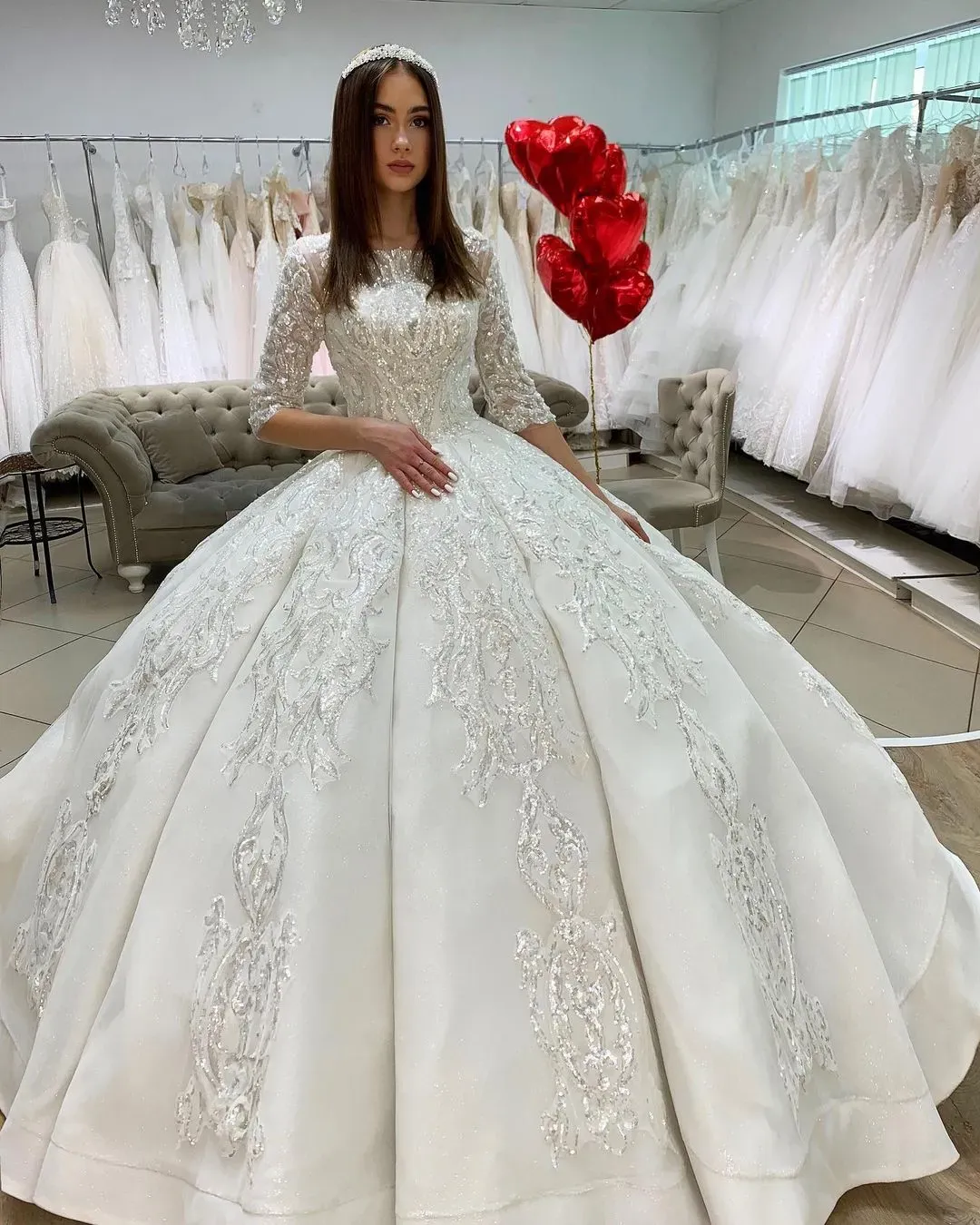 Classy Floor-Length Satin Princess Bateau Wedding Dress Long Sleeves with Appliques Lace