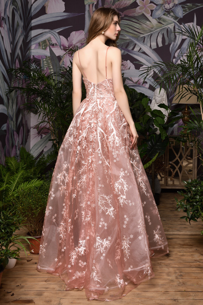 BMbridal Pink Spaghetti-Straps Appliques Prom Dress Long Evening Gowns Overskirt
