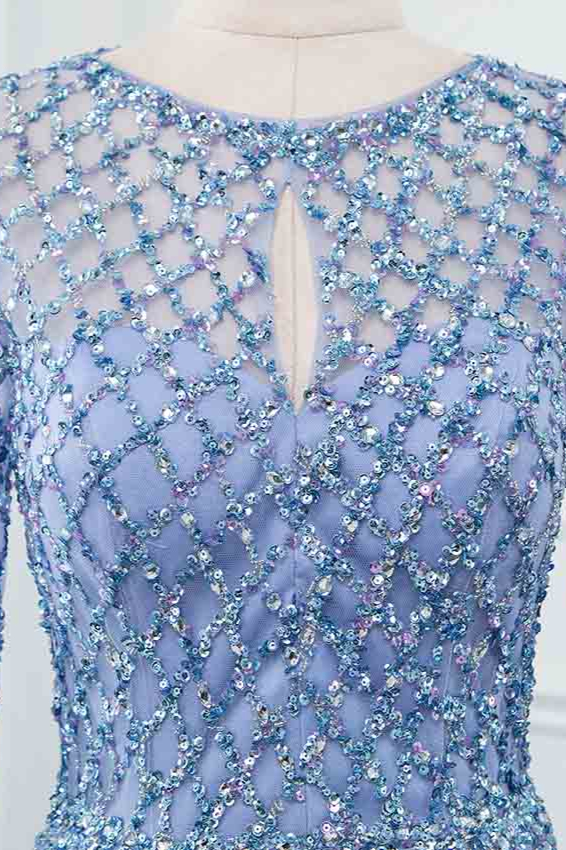 BMbridal Elegant Tulle Jewel Rhinestones Prom Dresses with Long Sleeves