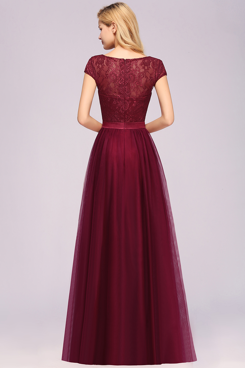 BMbridal Elegant Lace Cap Sleeves Burgundy Bridesmaid Dresses Affordable-BMbridal