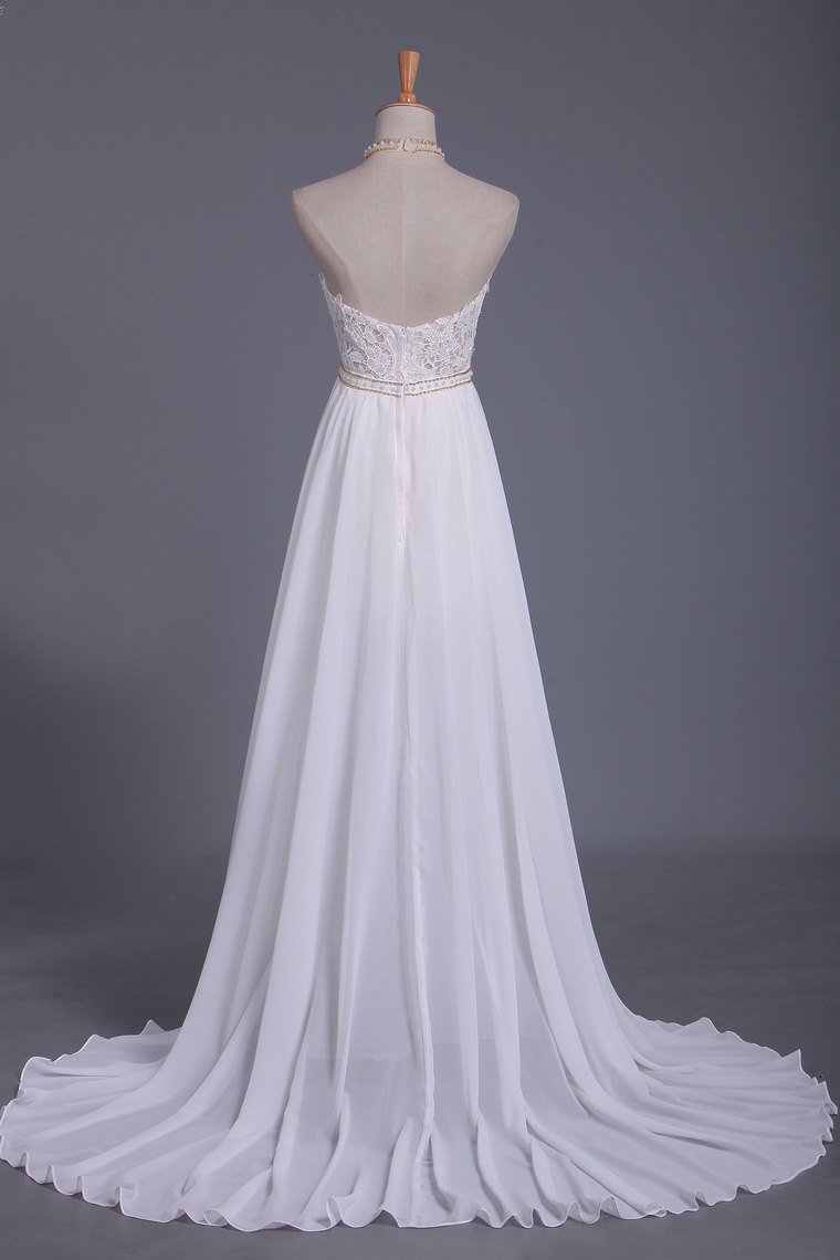 BMbridal Boho Halter Chiffon Lace Wedding Dress Beadings Appliques Sleeveless Ruffles Bridal Gowns On Sale-BMbridal