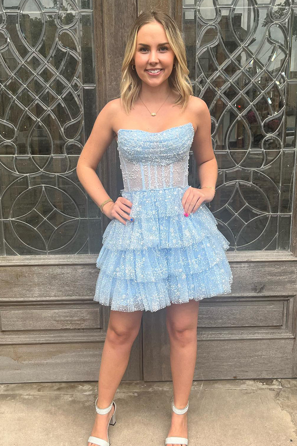 Light Blue Corset Strapless A-Line Tiered Short Homecoming Dress-BMbridal