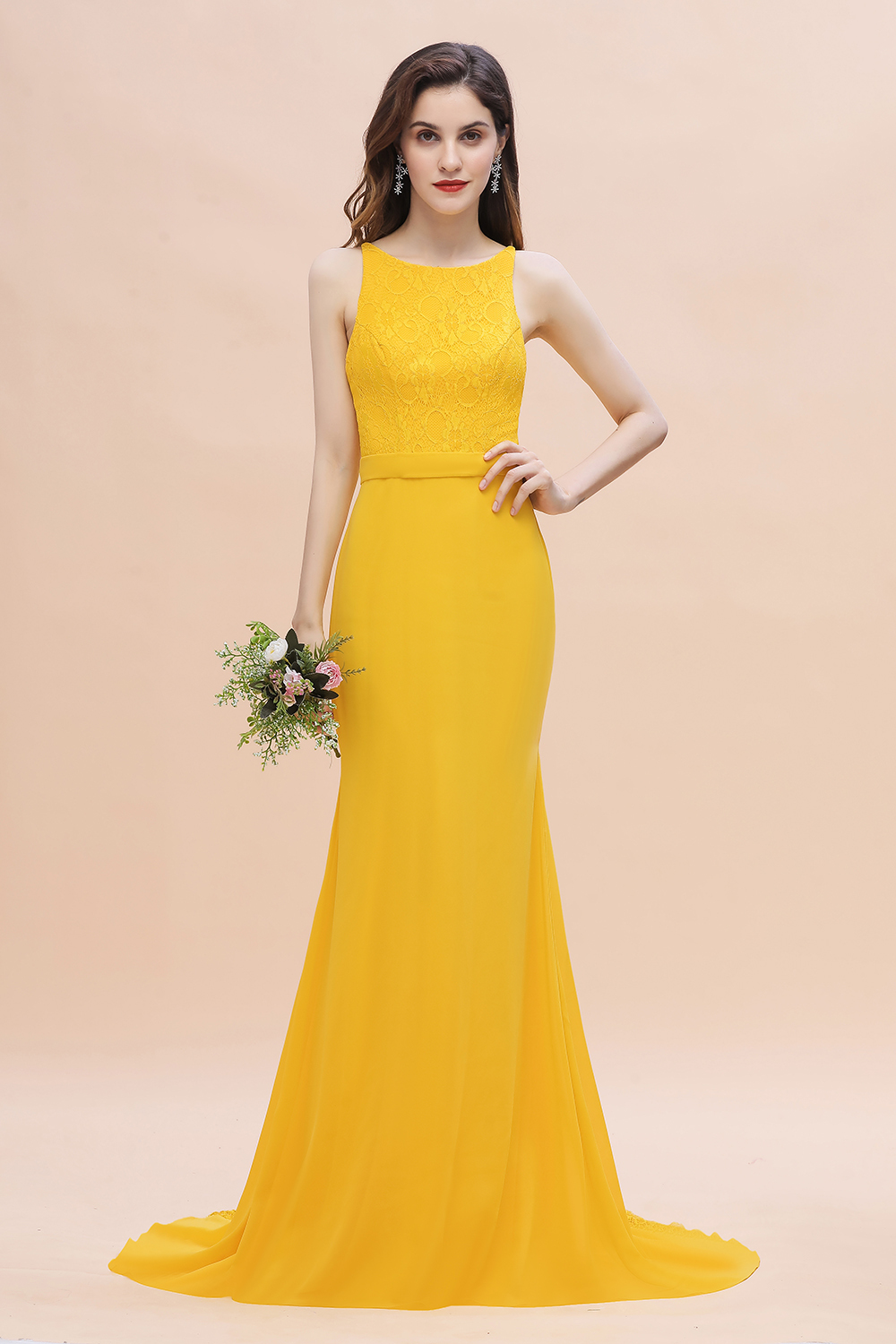 BMbridal Elegant Jewel Mermaid Chiffon Lace Bridesmaid Dress On Sale-BMbridal